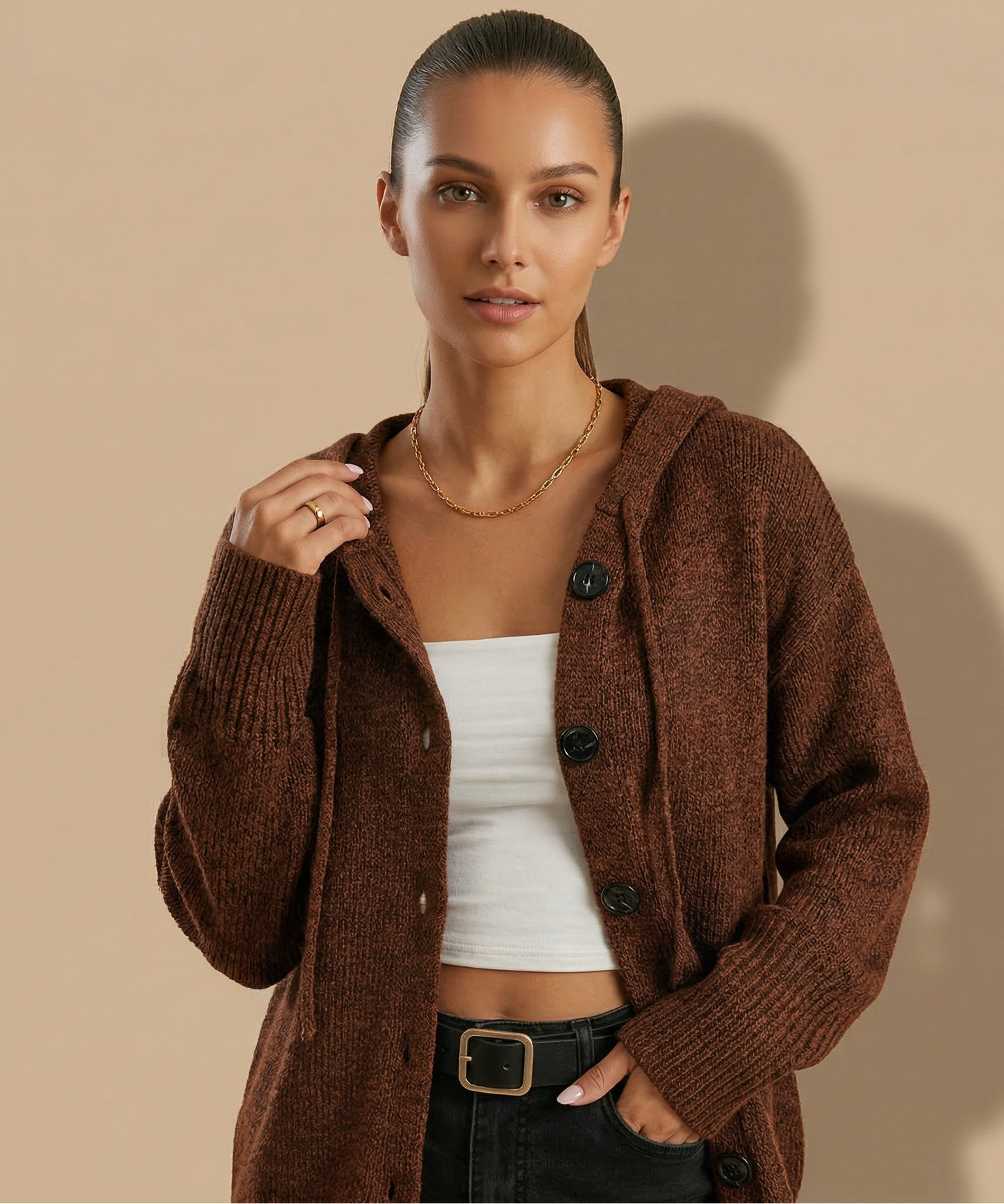 Vibonanza | Bruine Hoodie-Cardigan met Zwarte Knopen
