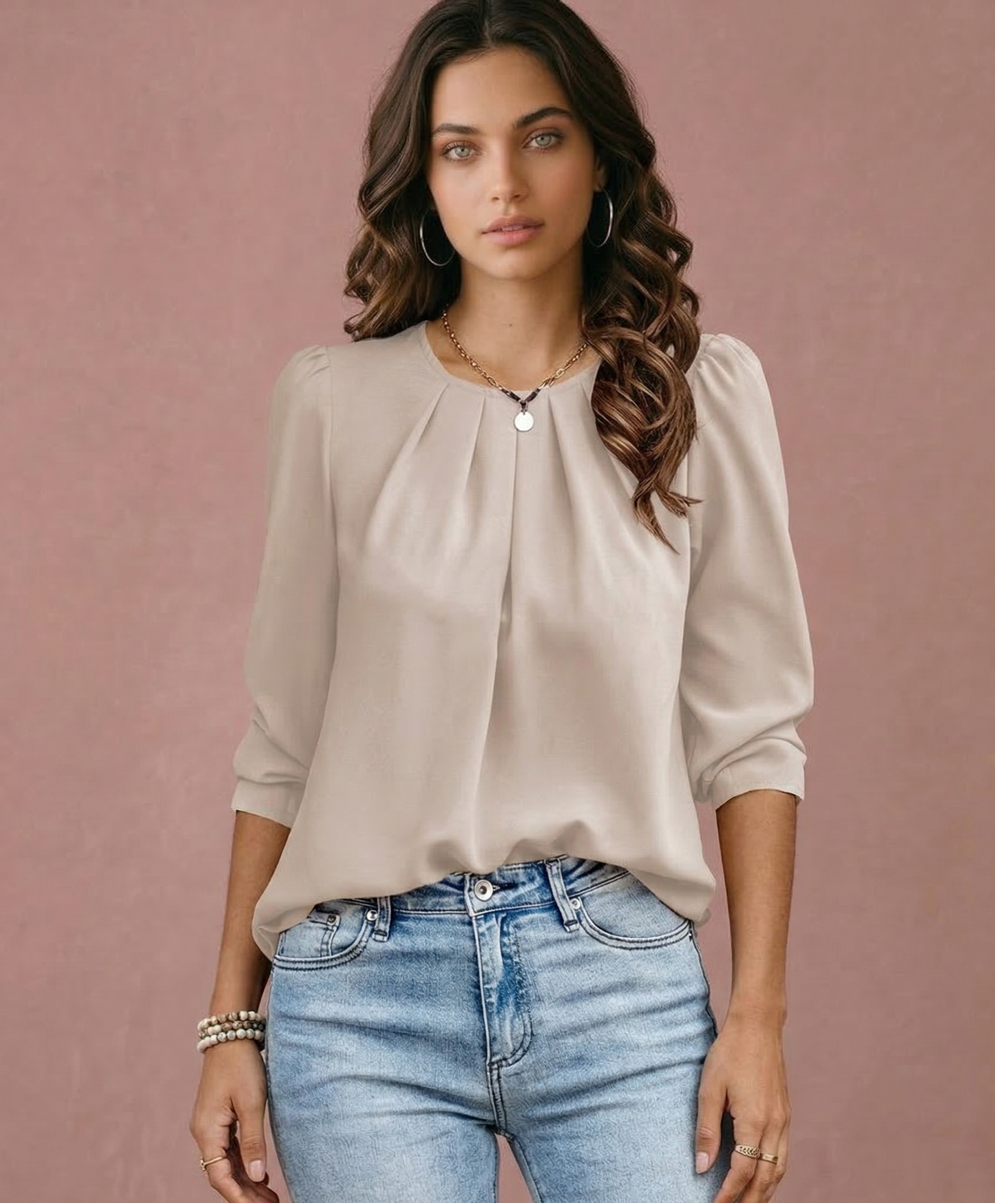 Vibonanza | Damesblouse Driekwart Mouwen Beige