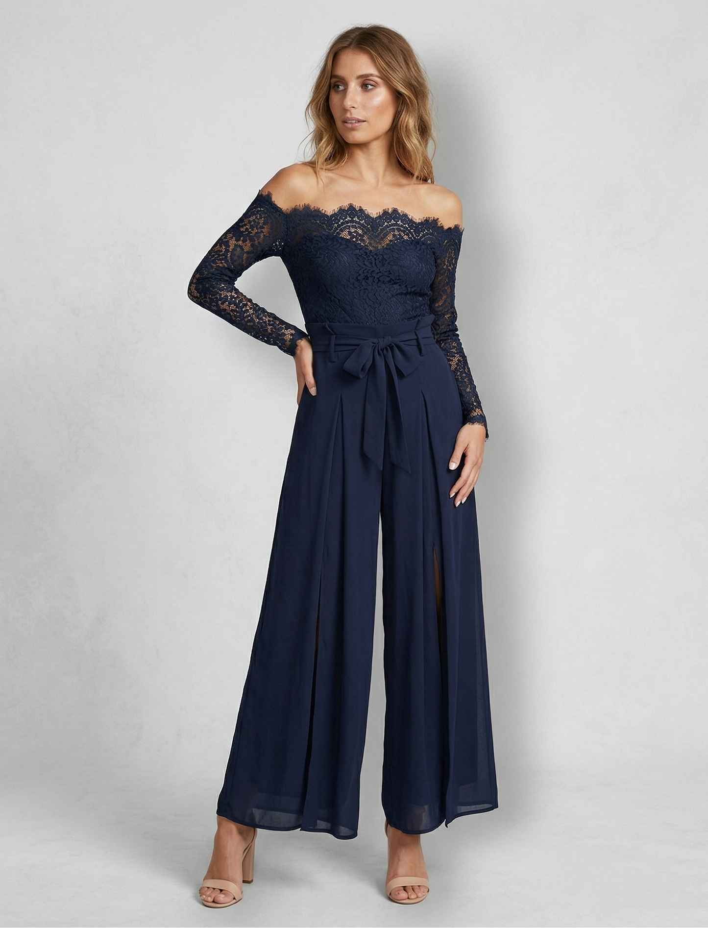 Vibonanza | Off Shoulder Jumpsuit Lange Mouw Navy Blauw