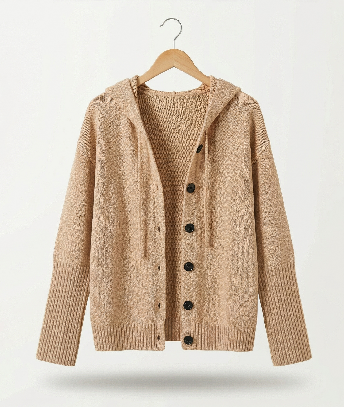 Vibonanza | Lange Beige Gebreide Cardigan met Capuchon