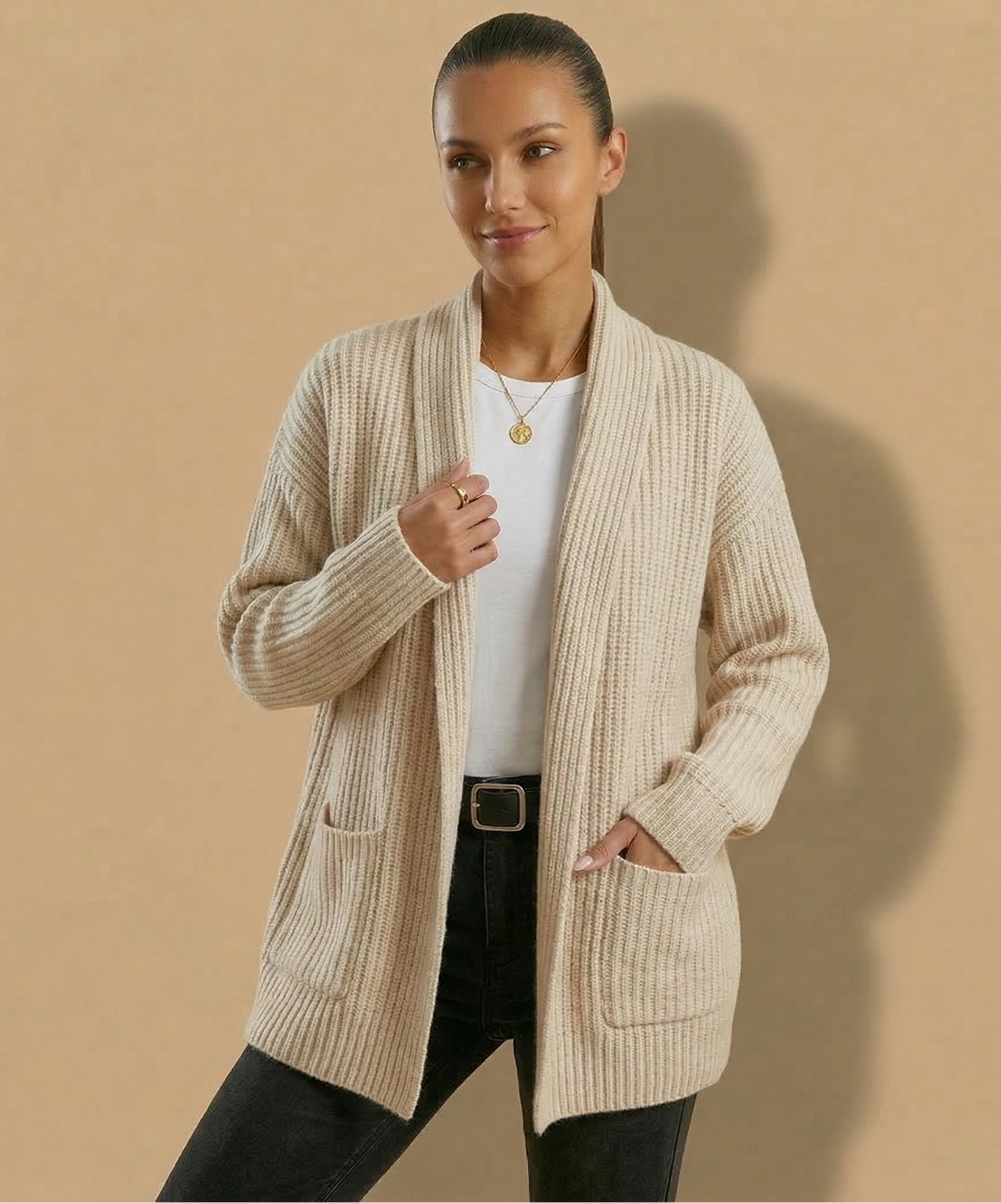Vibonanza | Oversized Gebreid Vest Lange Mouw Neutraal