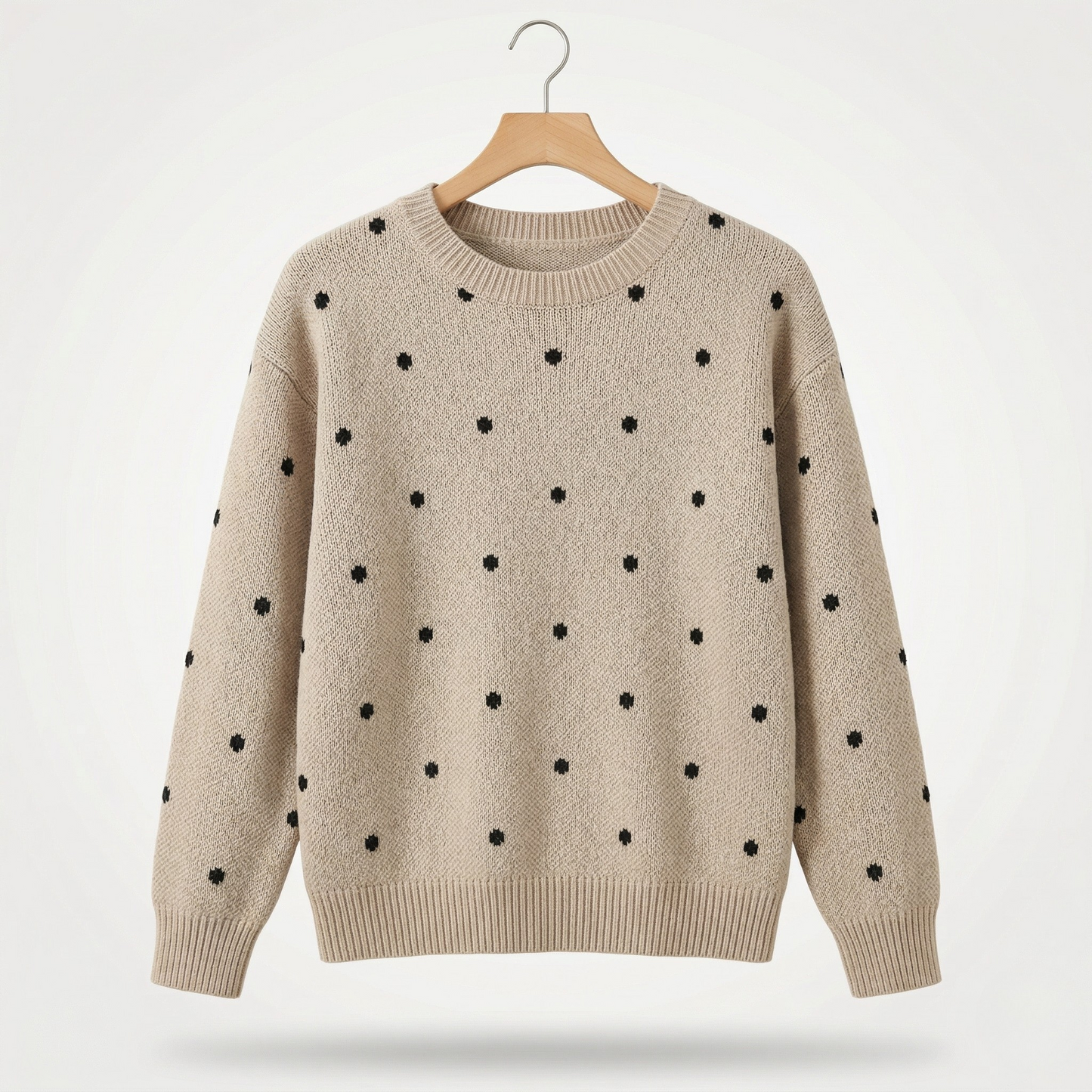 Vibonanza | Damestrui Ronde Hals Beige Met Zwarte Stippen