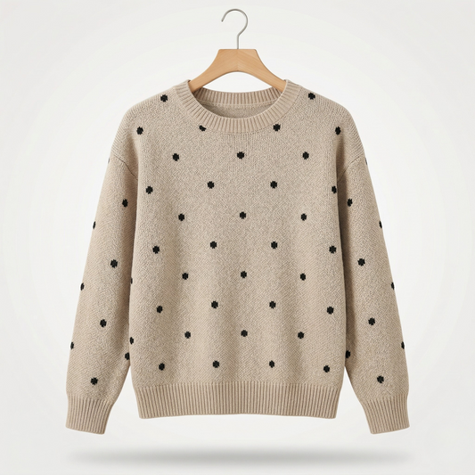 Vibonanza | Damestrui Ronde Hals Beige Met Zwarte Stippen