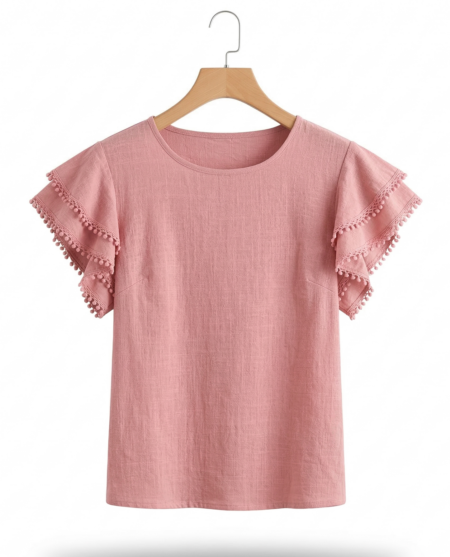 Vibonanza | Roze Damesblouse Met Korte Mouw En Pompons