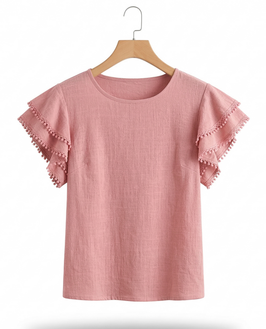 Vibonanza | Roze Damesblouse Met Korte Mouw En Pompons