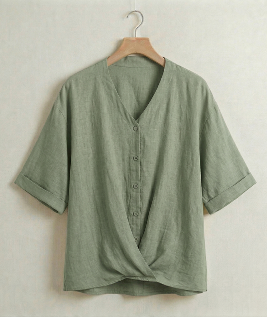 Vibonanza | Damesblouse Korte Mouw V-Hals Linnen Look