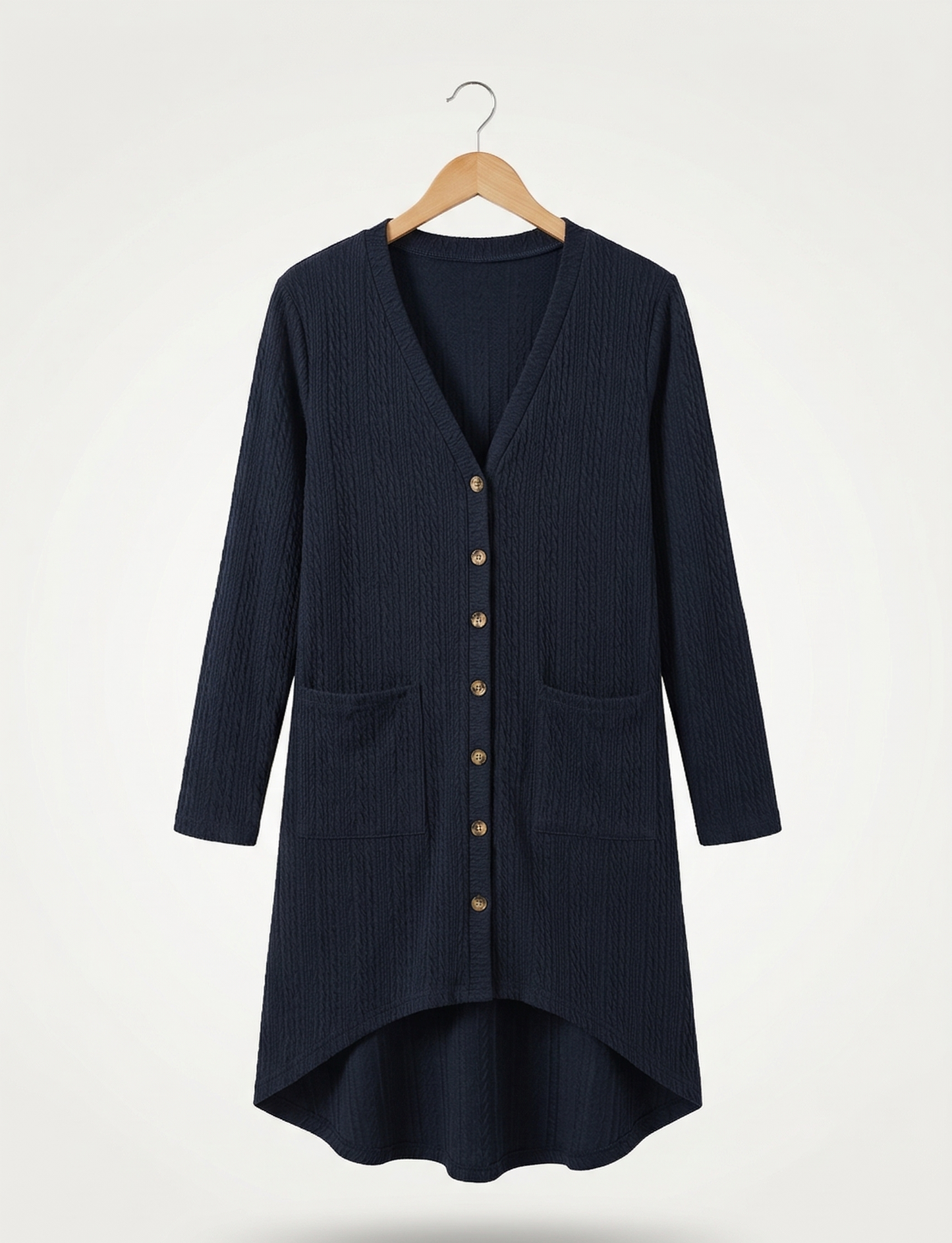 Vibonanza | Donkerblauwe lange cardigan met V-hals en zakken