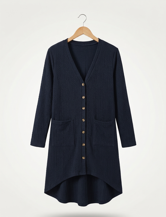 Vibonanza | Donkerblauwe lange cardigan met V-hals en zakken