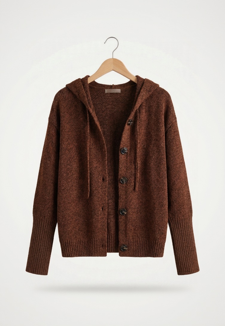 Vibonanza | Bruine Hoodie-Cardigan met Zwarte Knopen