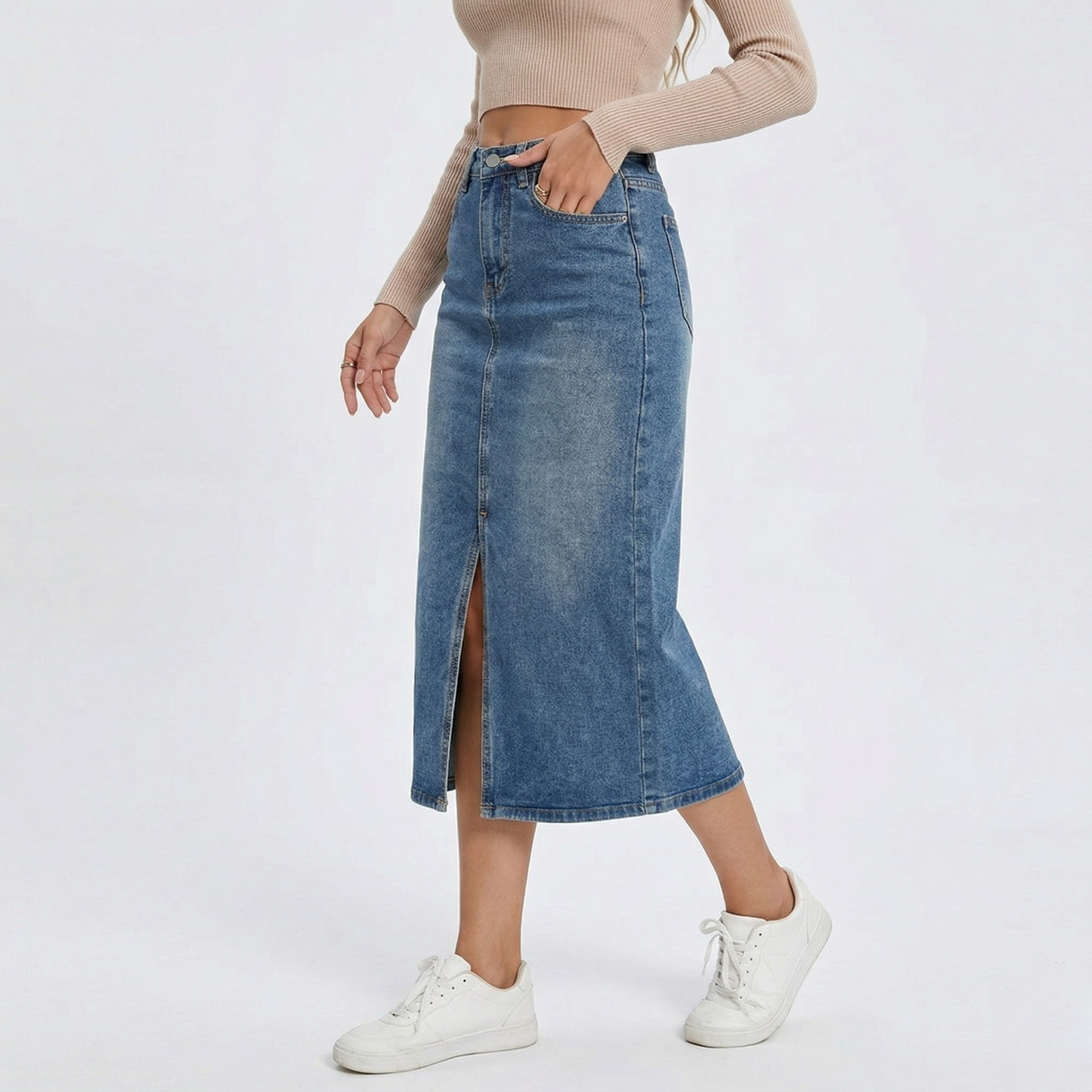Vibonanza | Hoge Taille Denim Kokerrok met Split