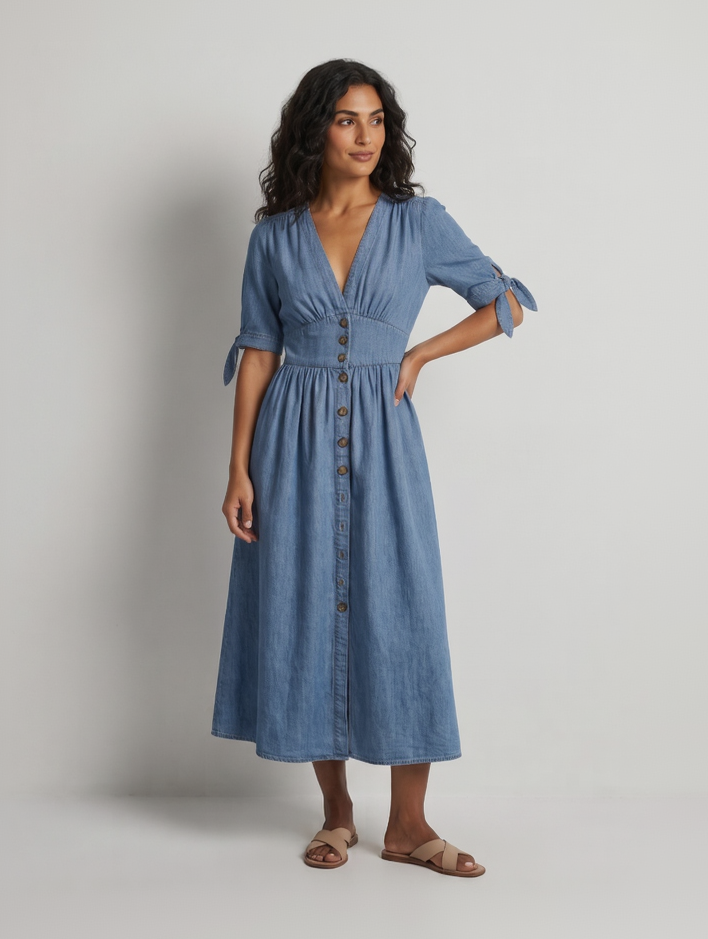 Vibonanza | Dames Denim Zomerjurk V-hals met Split