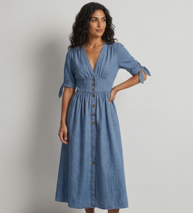 Vibonanza | Dames Denim Zomerjurk V-hals met Split
