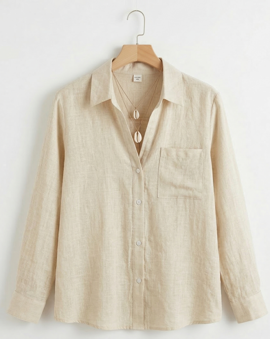 Vibonanza | Zomerse linnen damesblouse beige met klassieke kraag