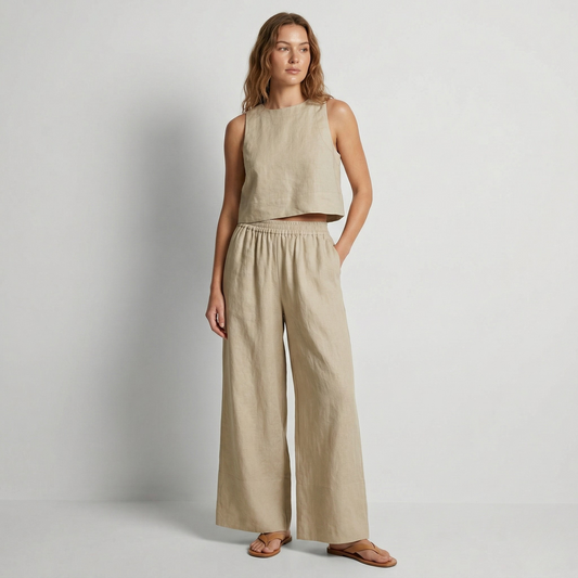 Vibonanza | Dames Linnen Crop Top en Wijde Broek Set Beige