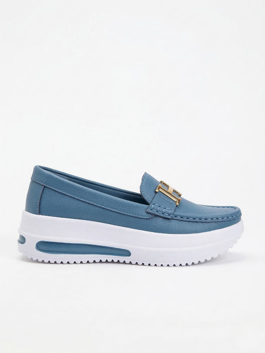 Orthopedische Loafers Dames | Comfortabel en Modieus | Blauwe Lederen Instappers Met Gouden Detail | Platformzool