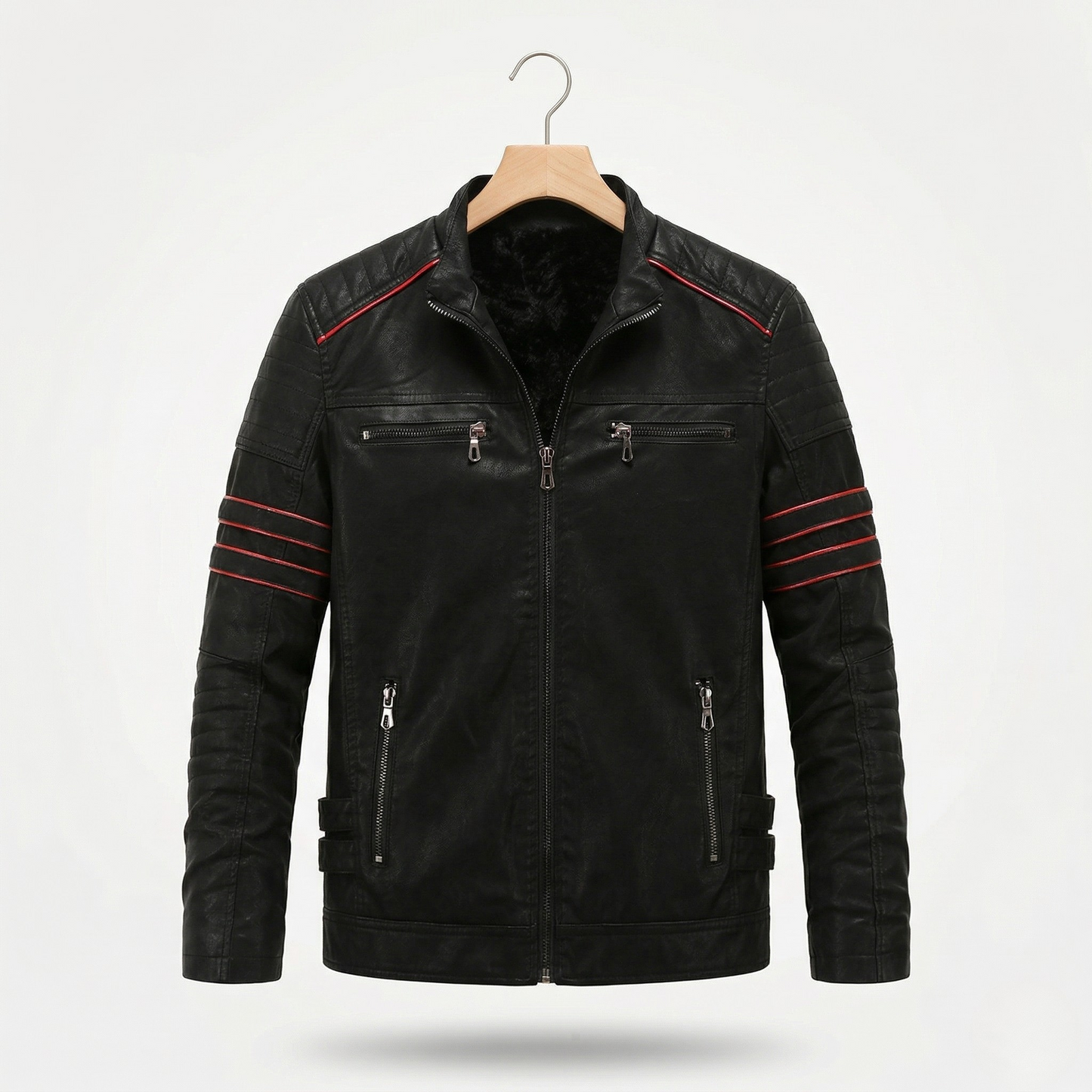 Vibonanza | Leren Bikerjack Heren Zwart Met Rode Strepen