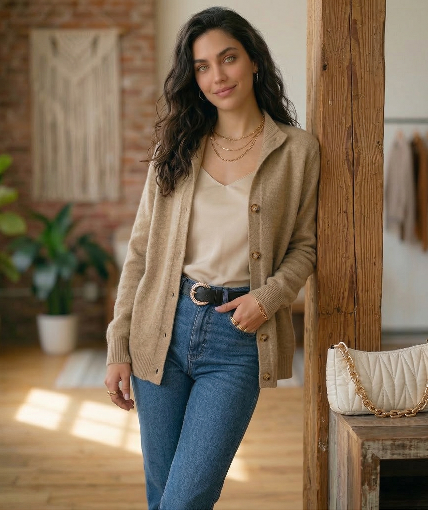 Vibonanza | Oversized Camel Gebreid Vest met Knoopsluiting