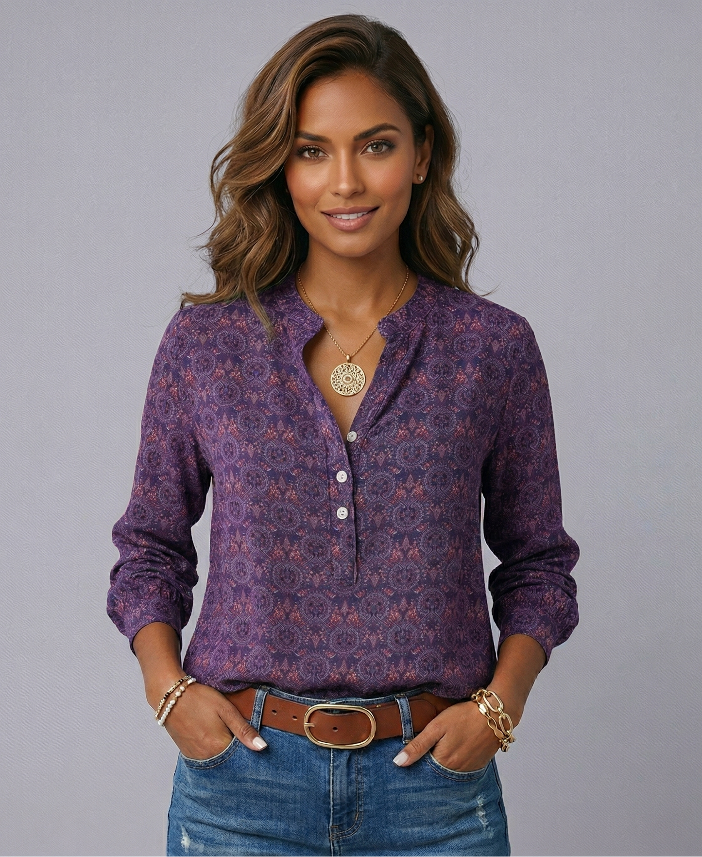 Vibonanza | Dames Vintage Blouse met Geometrisch Patroon