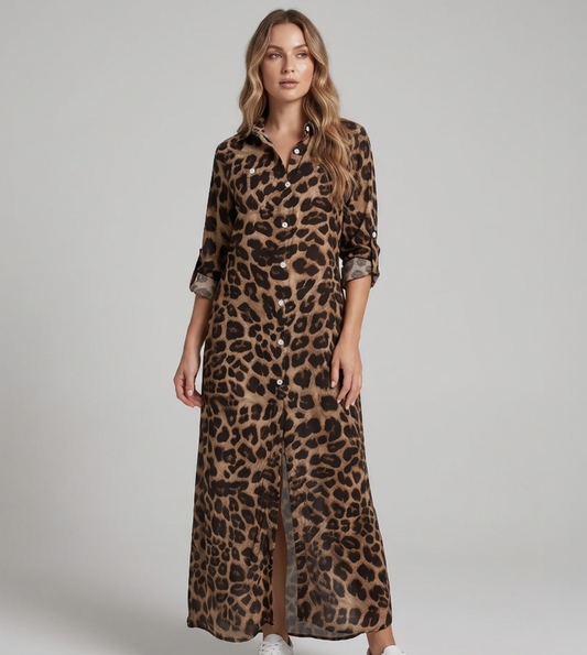 Vibonanza | Enkellange Jurk Luipaardprint Lange Mouwen