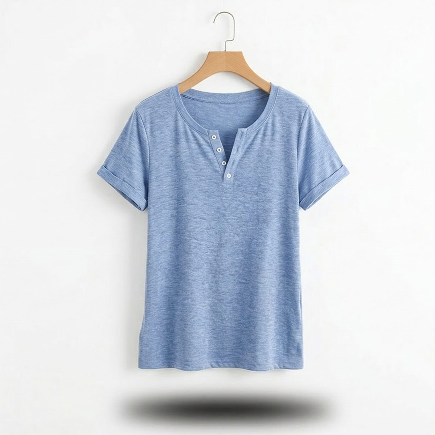 Vibonanza | Dames Lichtblauwe Henley Shirt Korte Mouwen Katoen