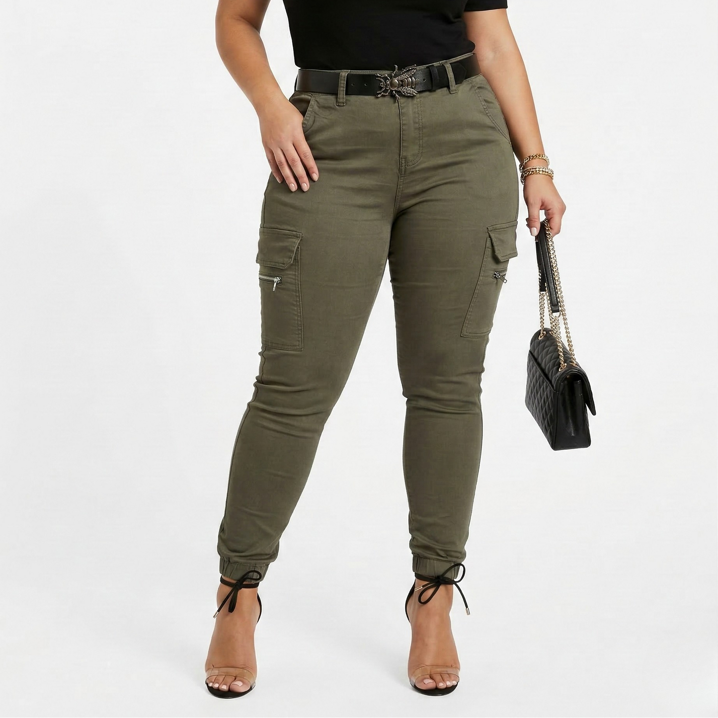 Vibonanza | Dames Cargo Jeans Slim Fit Groene Broek