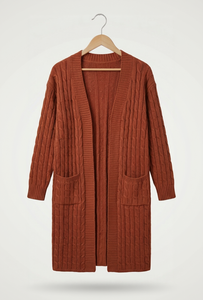 Vibonanza | Dames Lange Bruine Kabelpatroon Cardigan