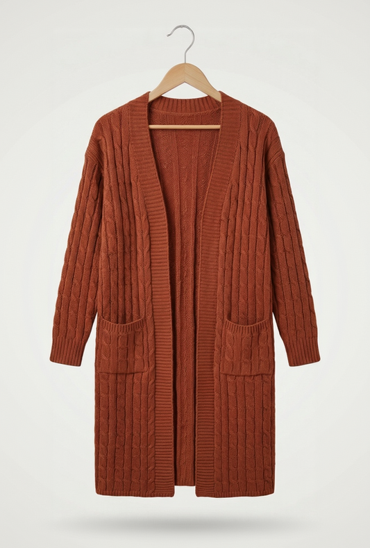 Vibonanza | Dames Lange Bruine Kabelpatroon Cardigan