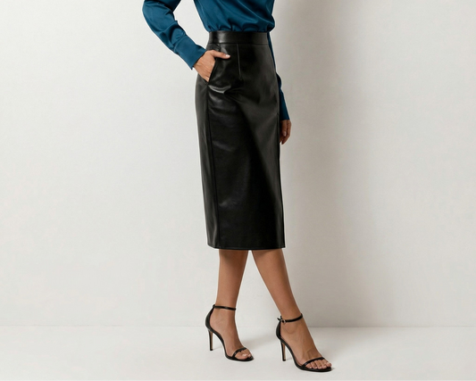Vibonanza | Zwarte Leren Midi Rok met Sexy Split