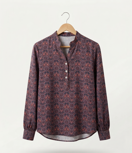 Vibonanza | Dames Vintage Blouse met Geometrisch Patroon
