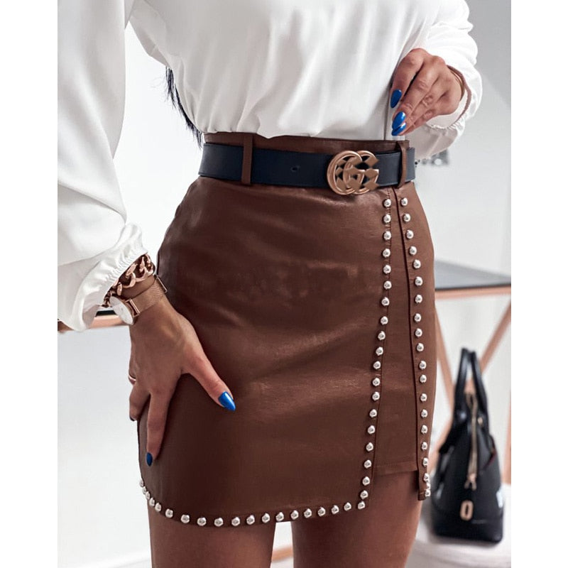 Vibonanza | Elegante Leren Look Rok met Pailletjes en Split