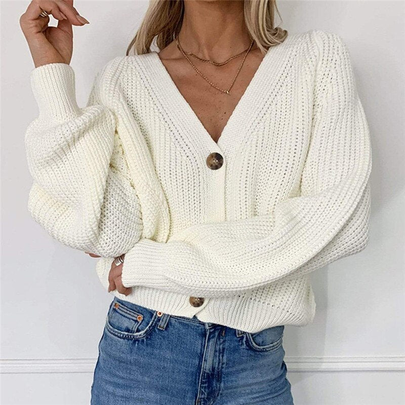 Vibonanza | Dames Chunky Knit Vest met V-hals en Ballonmouwen - Beige