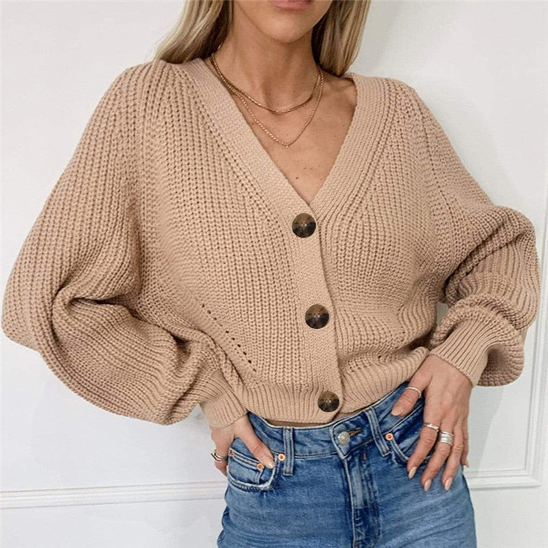 Vibonanza | Dames Chunky Knit Vest met V-hals en Ballonmouwen - Beige