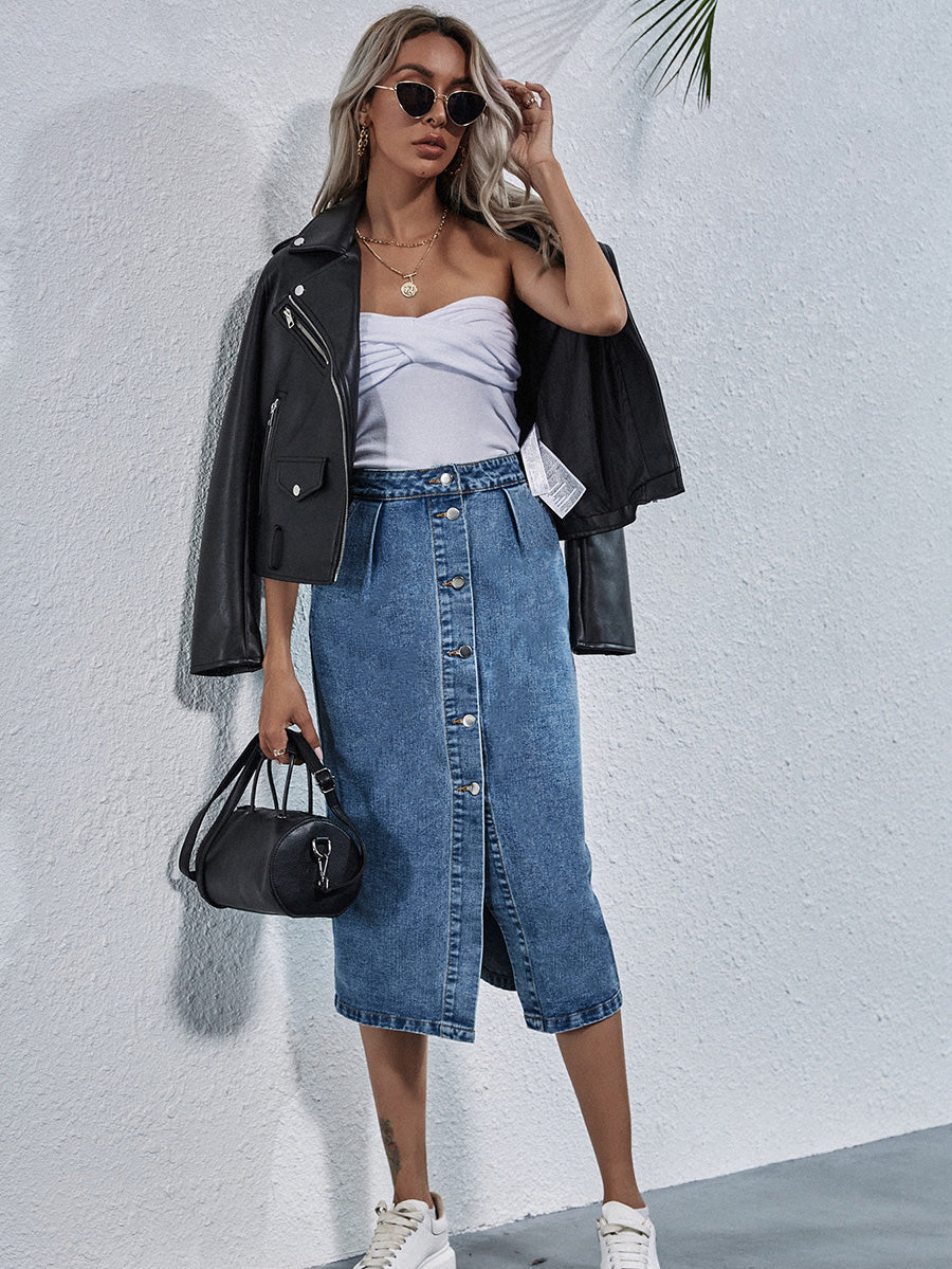 Vibonanza | Denim Midi Rok Dames Met Knopen en Split