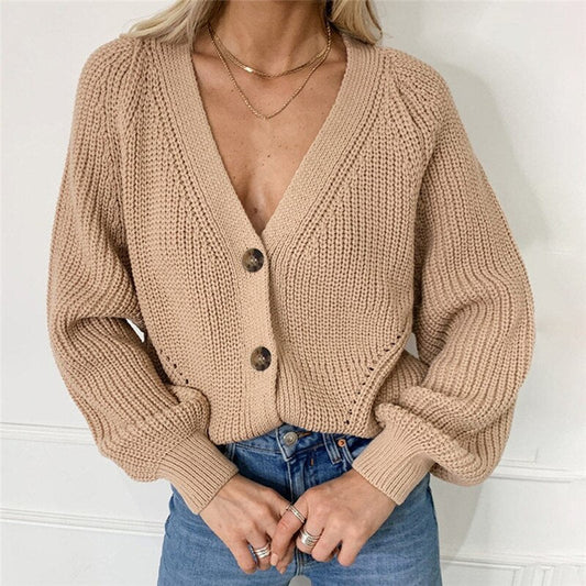 Vibonanza | Dames Chunky Knit Vest met V-hals en Ballonmouwen - Beige