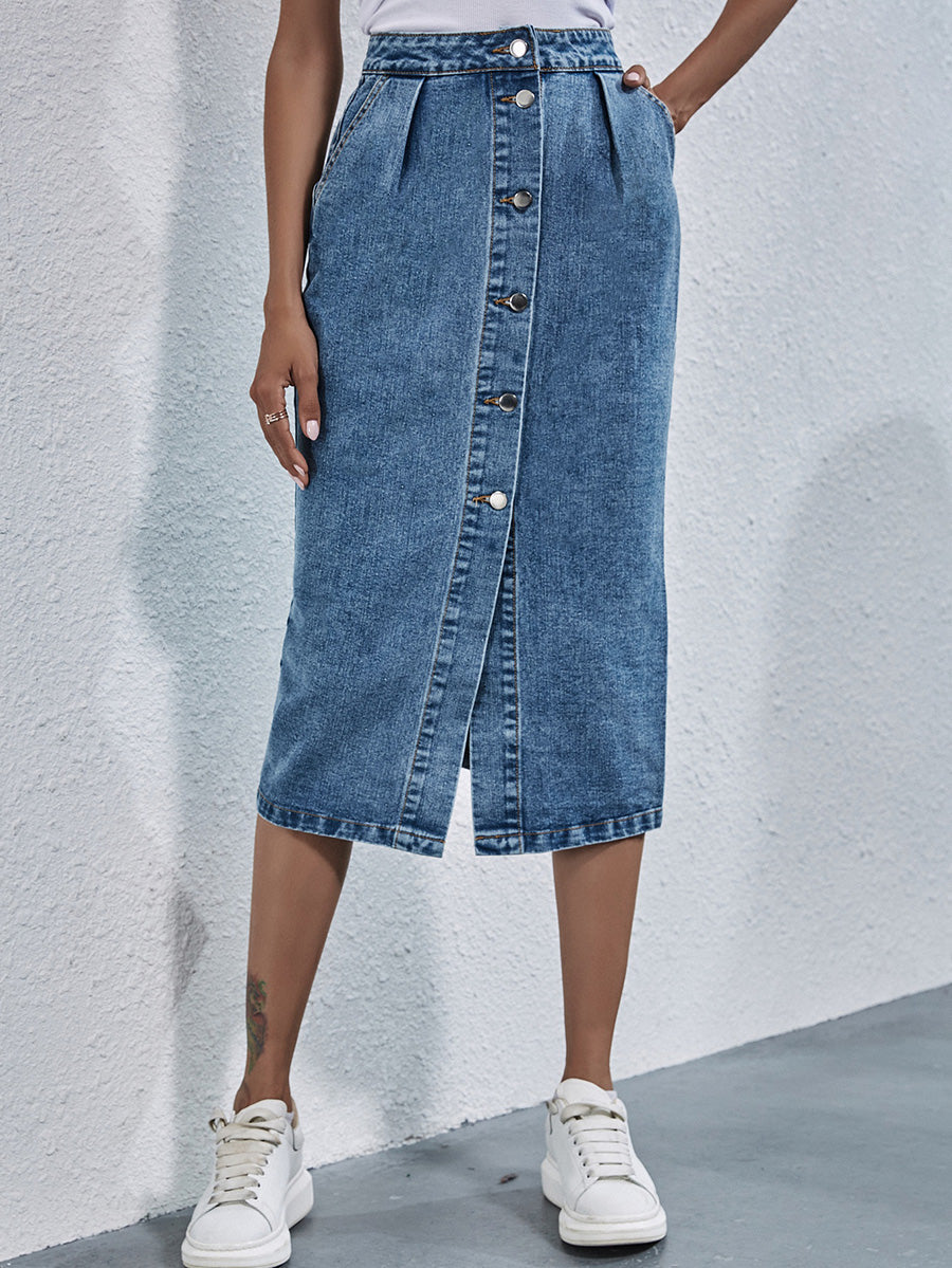 Vibonanza | Denim Midi Rok Dames Met Knopen en Split