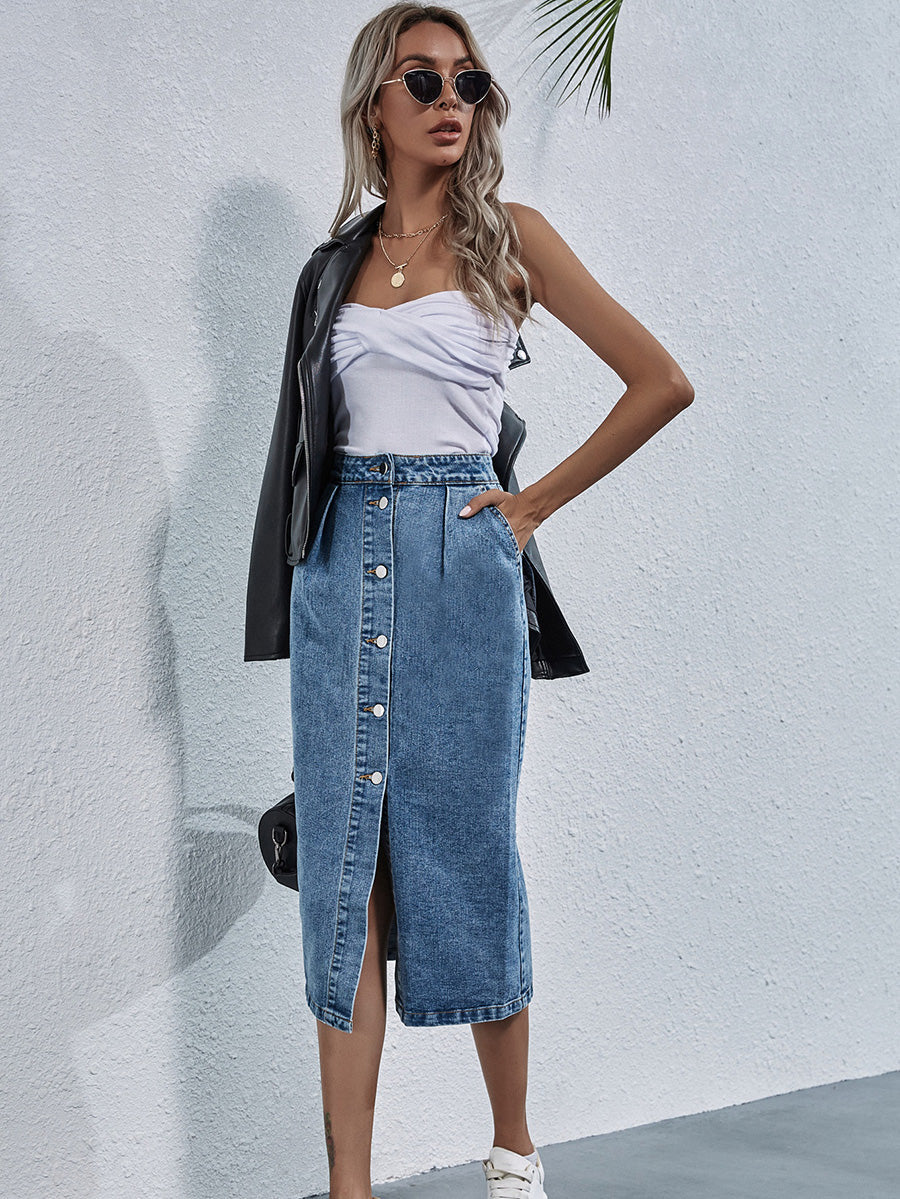 Vibonanza | Denim Midi Rok Dames Met Knopen en Split