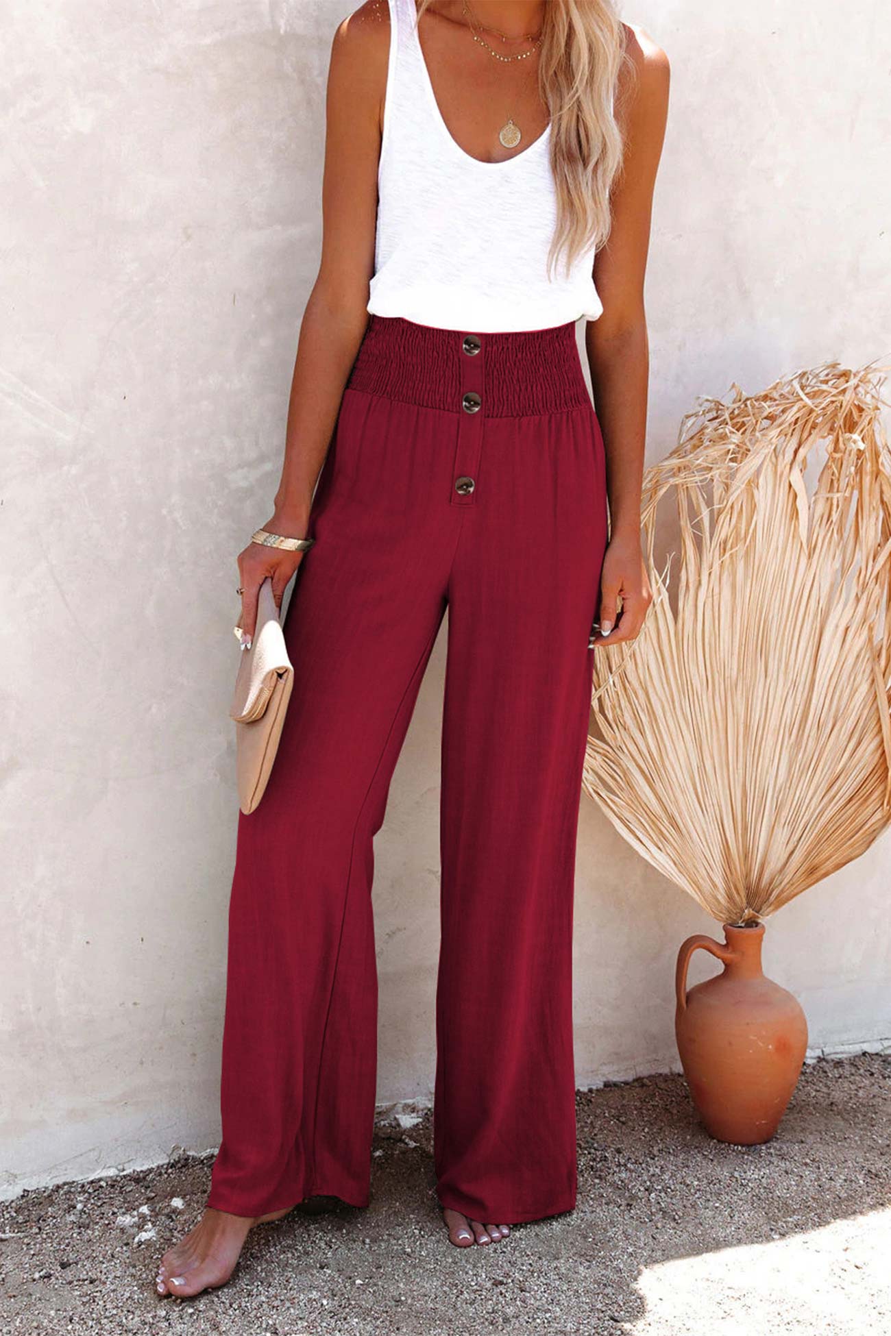 Vibonanza | Dames Wijde Broek Hoge Taille Burgundy