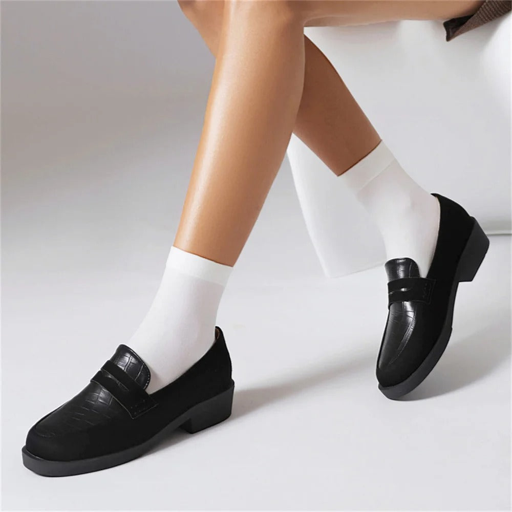 Vibonanza | Zwarte Leren Damesloafers Croc Patroon