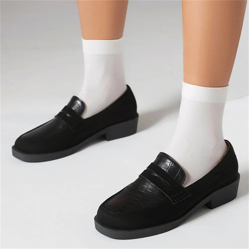 Vibonanza | Zwarte Leren Damesloafers Croc Patroon