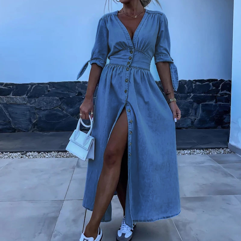 Vibonanza | Dames Denim Zomerjurk V-hals met Split