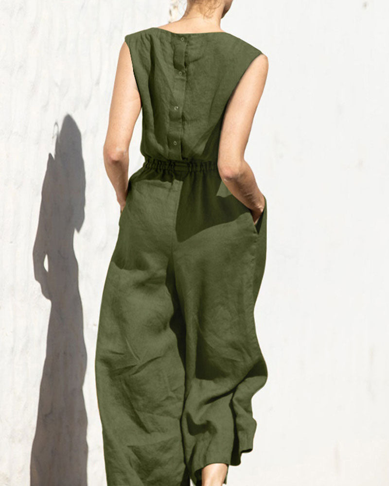 Vibonanza | Dames Mouwloze Jumpsuit Linnen Katoen Mix
