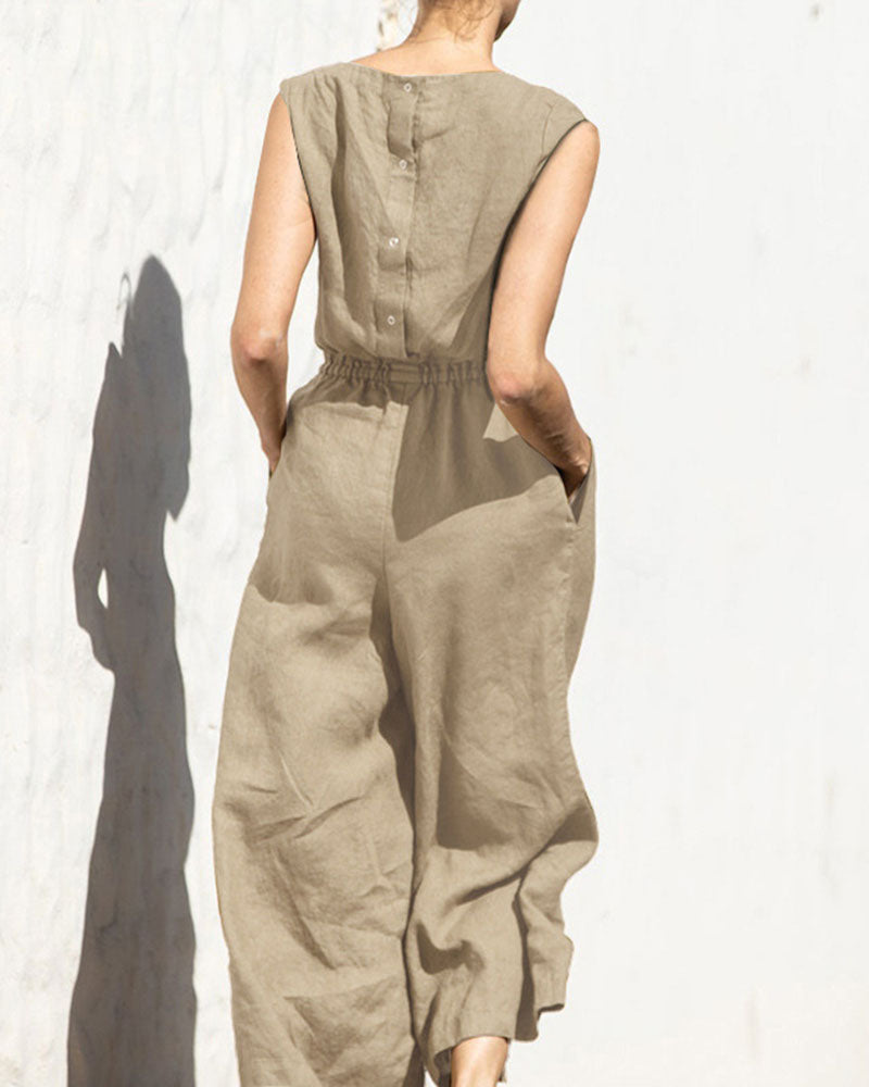 Vibonanza | Dames Mouwloze Jumpsuit Linnen Katoen Mix