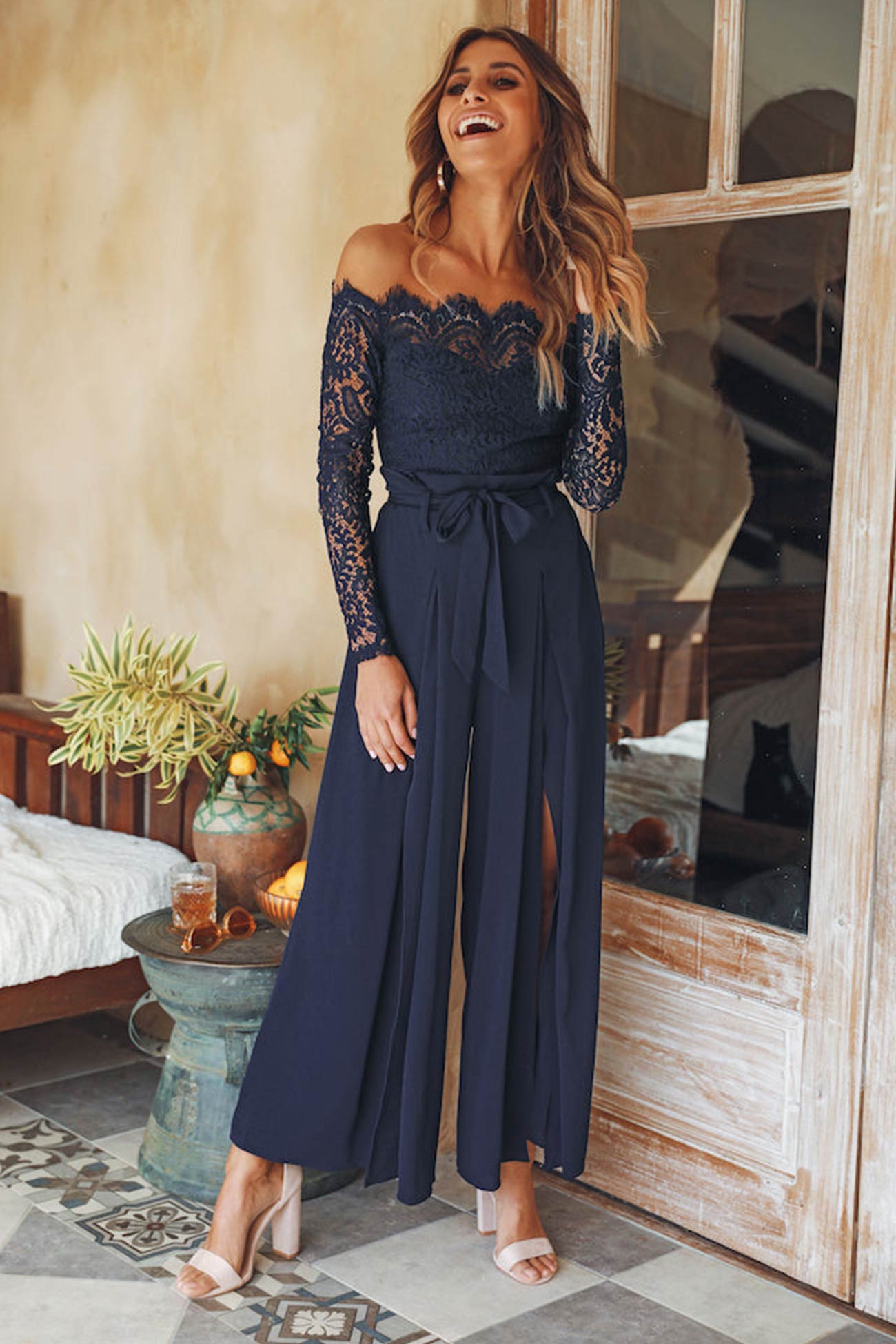 Vibonanza | Off Shoulder Jumpsuit Lange Mouw Navy Blauw