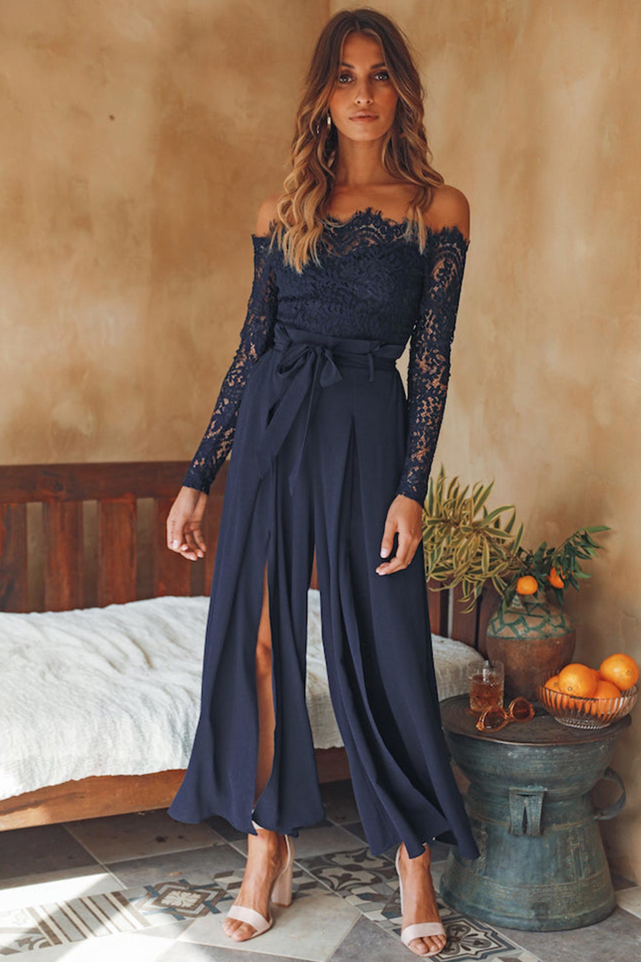 Vibonanza | Off Shoulder Jumpsuit Lange Mouw Navy Blauw