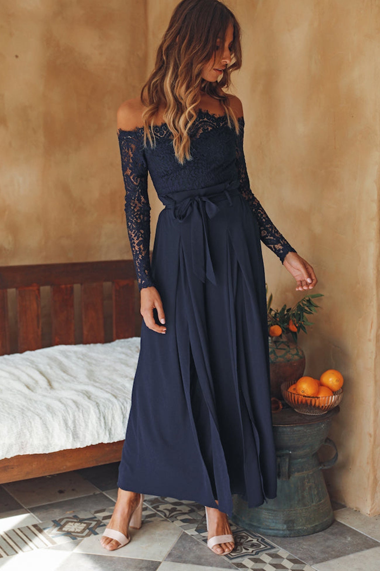 Vibonanza | Off Shoulder Jumpsuit Lange Mouw Navy Blauw