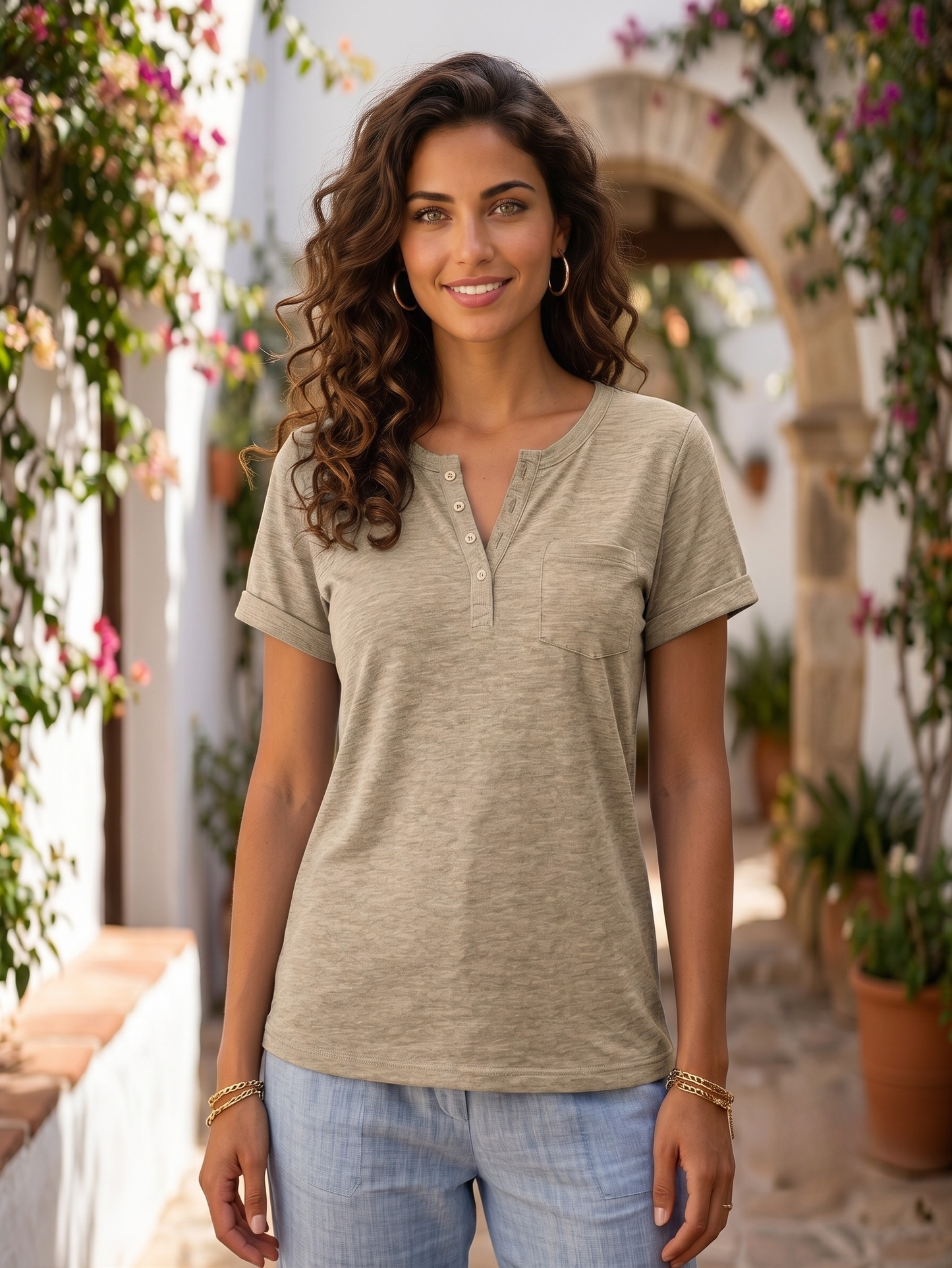 Vibonanza | Dames Lichtblauwe Henley Shirt Korte Mouwen Katoen