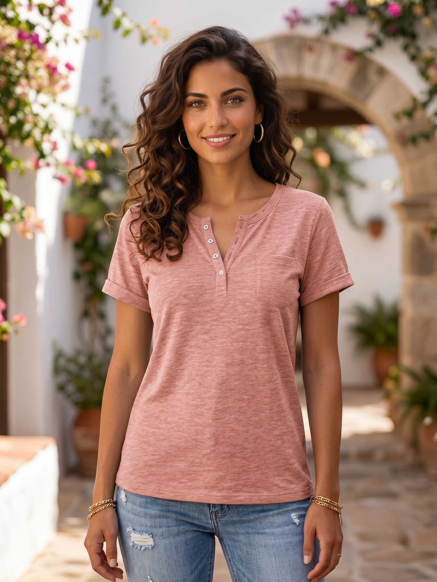 Vibonanza | Dames Lichtblauwe Henley Shirt Korte Mouwen Katoen