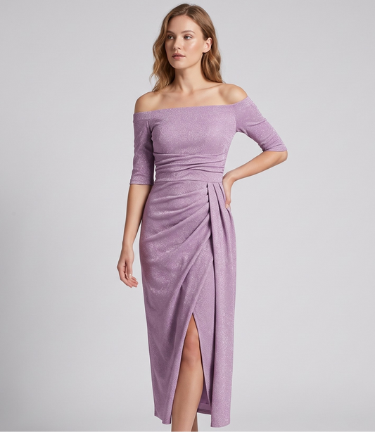 Vibonanza | Rode Off-Shoulder Feestjurk met Driekwart Mouw