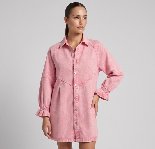 Vibonanza | Roze Denim Jurk met Lange Mouwen