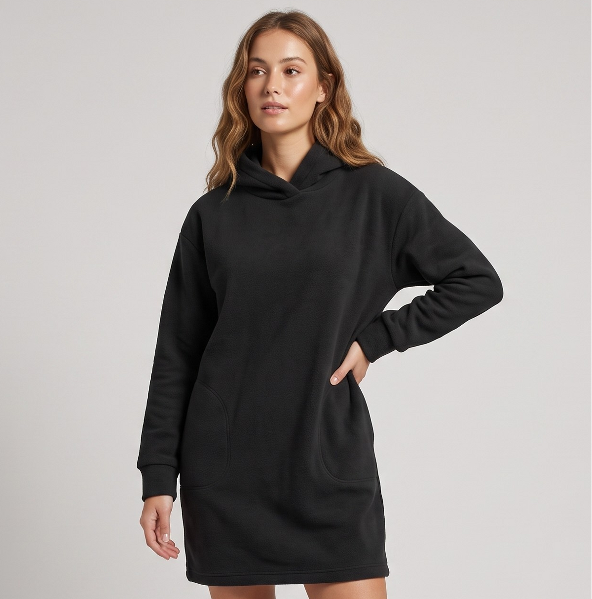 Vibonanza | Dames Zwarte Hoodie Jurk met Kangoeroezak